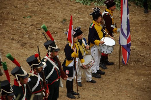 SREBRNA GORA, POLAND - JUNE 11: 1807 Napoleon's forces battle reconstruction, siege of the Srebrna Gora fortress. Drummer prepares for siege on June 11, 2011.