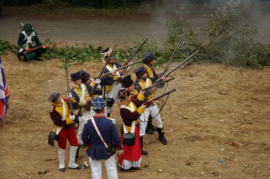 SREBRNA GORA, POLAND - JUNE 11: 1807 Napoleon's forces battle reconstruction, siege of the Srebrna Gora fortress. Polish musketeer attack on June 11, 2011.