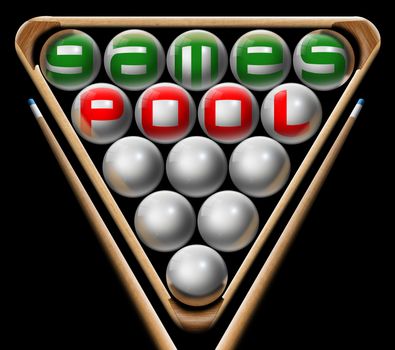 Illustration with triangle, pool balls, written pool games and two pool cues