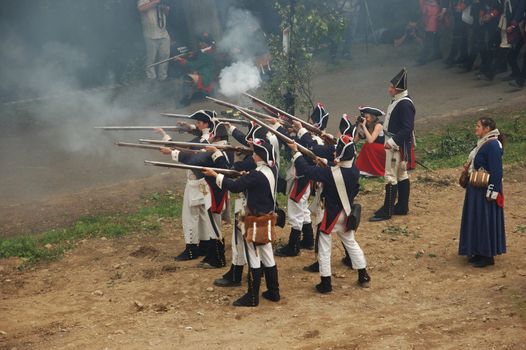 SREBRNA GORA, POLAND - JUNE 11: 1807 Napoleon's forces battle reconstruction, siege of the Srebrna Gora fortress. Prussian's muskets fire on June 11, 2011.