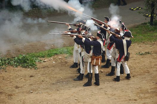 SREBRNA GORA, POLAND - JUNE 11: 1807 Napoleon's forces battle reconstruction, siege of the Srebrna Gora fortress. Small Prussians unit defend on June 11, 2011.