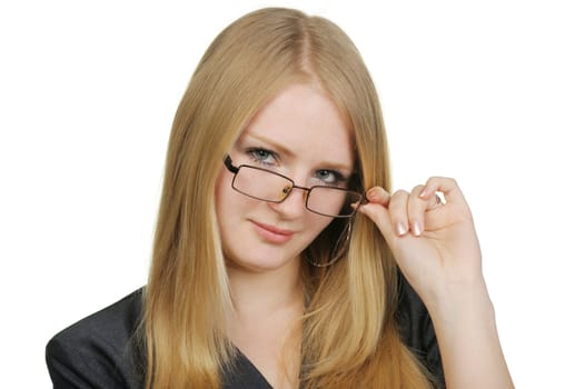 The blonde with glasses. The pretty young woman. On a white background