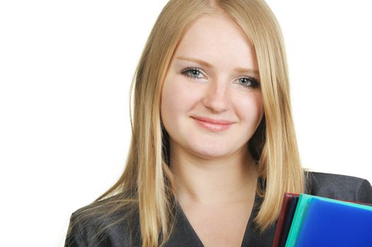 The blonde with official papers. The pretty young woman. On a white background