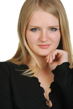 Portrait of the pretty young girl of the blonde. On a white background