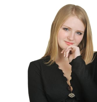 Portrait of the pretty young girl of the blonde. On a white background