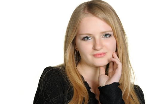 Portrait of the pretty young girl of the blonde. On a white background