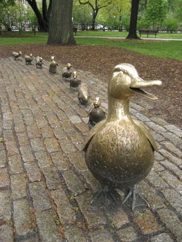 A statue of a duck followed by her eight ducklings waddles through Boston Commons.