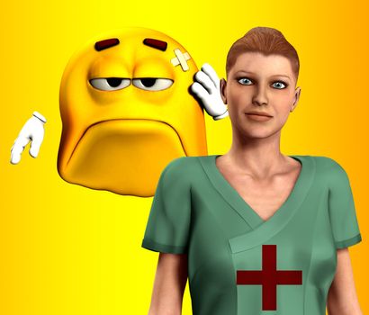 A hurt cartoon man who is being seen by a nurse.