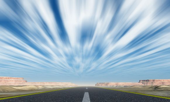 Asphalt road. A transport highway with with motion clouds