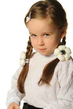 Portrait of the pretty little girl. It is isolated on a white background