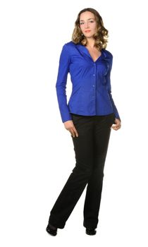 The attractive girl in trousers and dark blue shirt. It is isolated on a white background