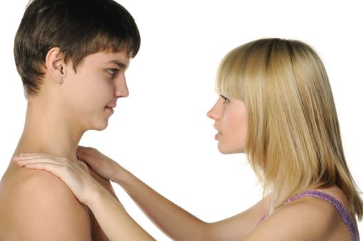 Young enamoured pair. It is isolated on a white background