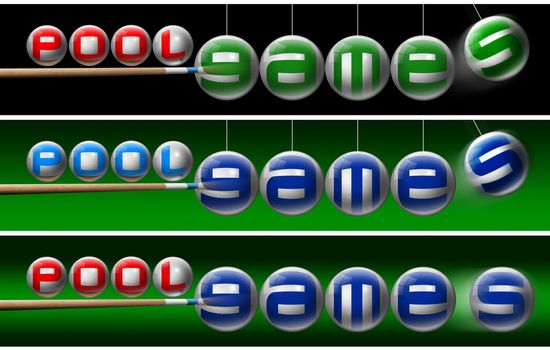 Three illustrations with pool balls, written pool games and one pool cues