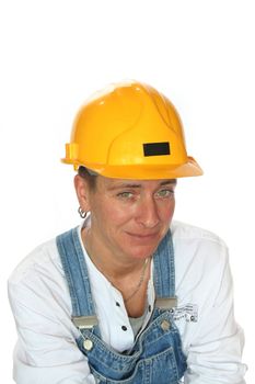 young woman with safety helmet on a white background