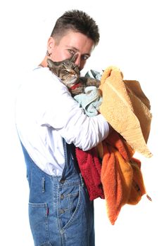 young woman with coloreds and cat in her arms