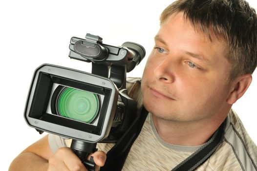 The man with a videocamera. It is isolated on a white background