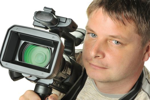 The man with a videocamera. It is isolated on a white background