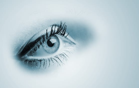 Female blue eyes. A photo close up, a part face