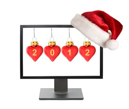 Cristmas online shopping concept - Computer monitor with Santa hat isolated on white background