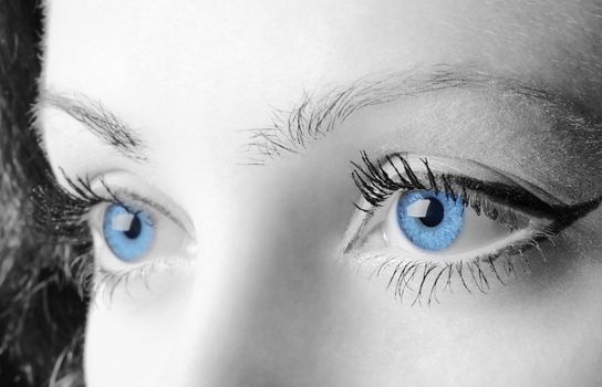 Female blue eyes. A photo close up, a part face