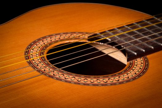 Classical guitar close up on dark background