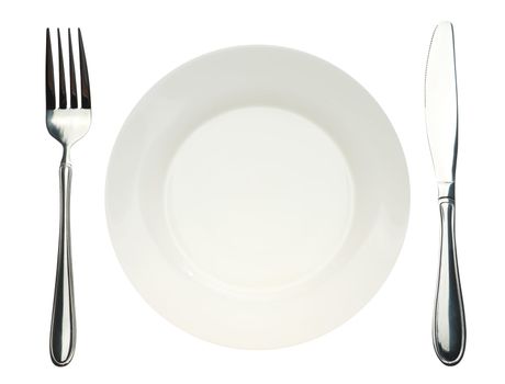 Plate, knife and fork. Kitchen utensils isolated on a white background