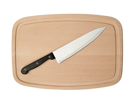 Knife and board for cutting food. Studio shooting.