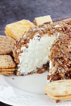 Cheese ball made with blue cheese and pecan nuts. Served with a variety of crackers.