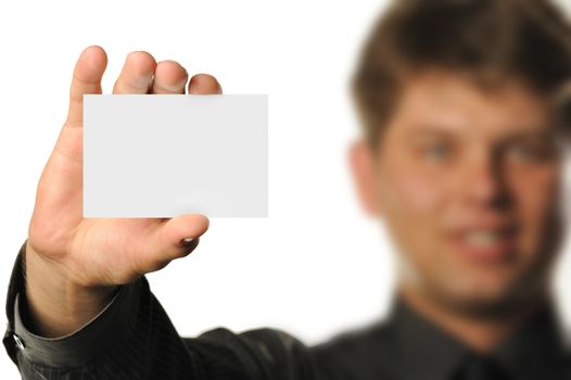 Young the man holds blank signs. It is isolated on a white background