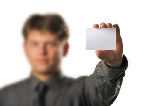 Young the man holds blank signs. It is isolated on a white background