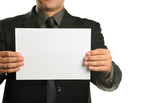 Young the man holds blank signs. It is isolated on a white background