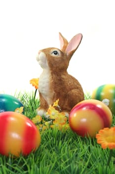 Easter bunny with Easter eggs on a flower meadow