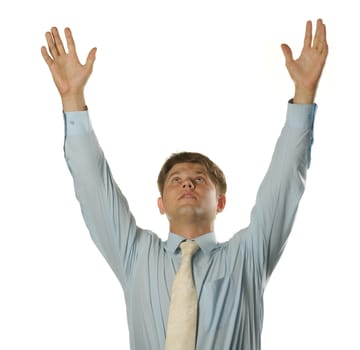 The young businessman - the winner. Expression of pleasure, strong emotion. It is isolated on a white background