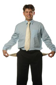 The young businessman with empty pockets. It is isolated on a white background