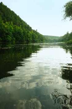 Picturesque forest and the river. Small river at bottom of mountain with mixed by a wood in the East Europe. Ukraine.