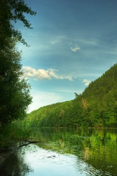 Picturesque forest and the river. Small river at bottom of mountain with mixed by a wood in the East Europe. Ukraine.