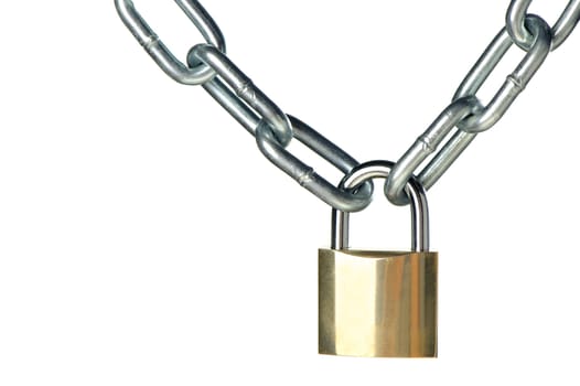 The lock with chain. The lock of gold color closing chain