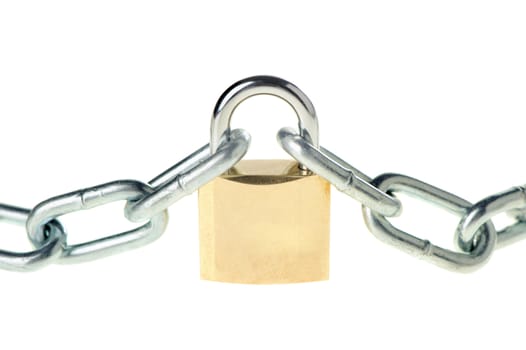 The lock with chain. The lock of gold color closing chain