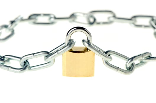 The lock with chain. The lock of gold color closing chain