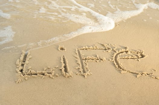 Inscription "life" on sand. Sea coast with a rolling wave on an inscription