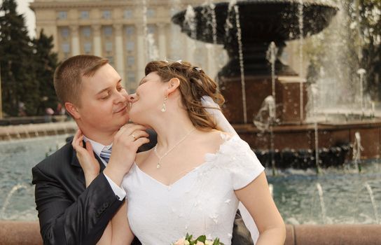 Newly-married couple. Pair young men in wedding day