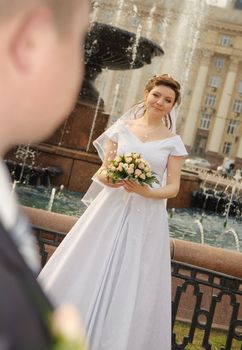 Newly-married couple. Pair young men in wedding day