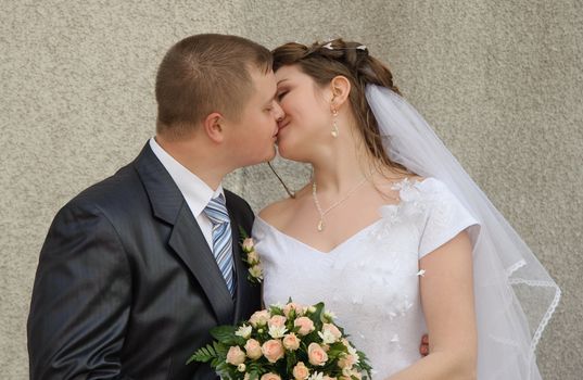 Newly-married couple. Pair young men in wedding day