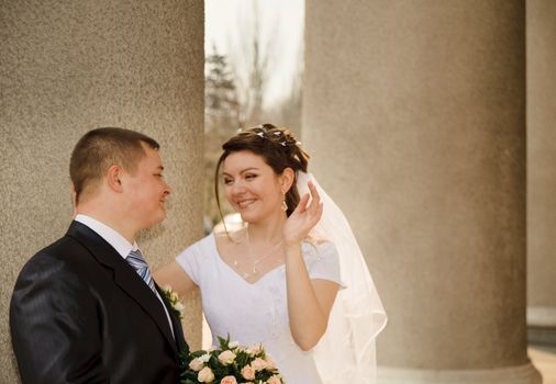 Newly-married couple. Pair young men in wedding day