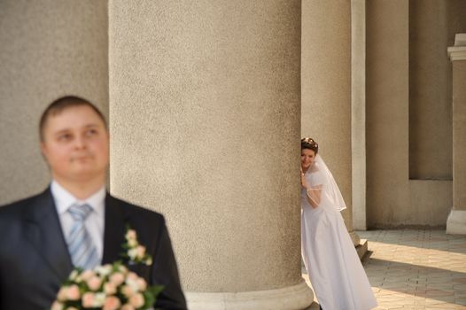 Newly-married couple. Pair young men in wedding day