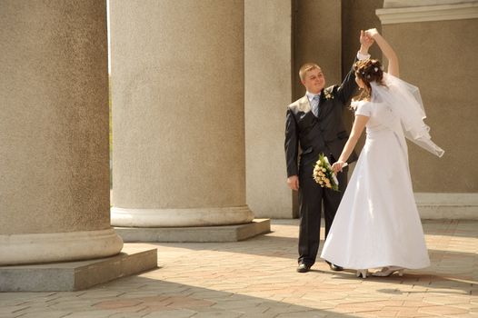 Newly-married couple. Pair young men in wedding day