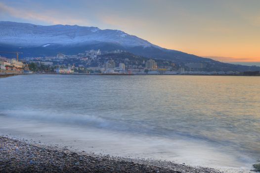 The sea and sity in mountains.Picturesque mountains and the black sea, Crimea, Ukraine