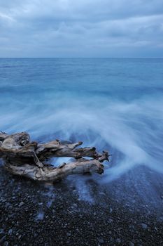 The night sea and timber. The sea photographed at a dawn with long endurance. Crimea, Ukraine