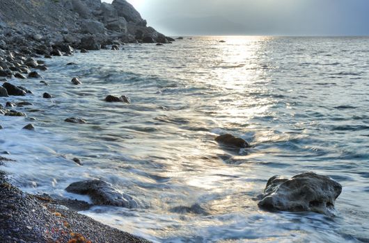 The night sea. The sea photographed at a dawn with long endurance. Crimea, Ukraine