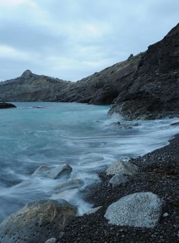 The night sea. The sea photographed at a dawn with long endurance. Crimea, Ukraine